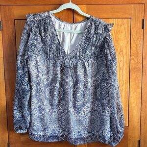 LOFT Navy and Tan Patterned Blouse
